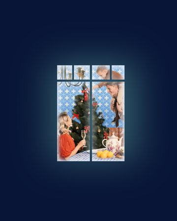 Contemporary art collage. Family decorating Christmas tree together, seen through window. Man lifts...