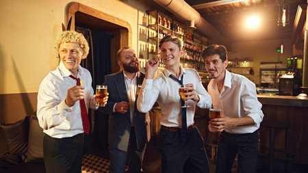 Colleagues, friends enjoy beer while playing games in bar, smiling and laughing with excitement....