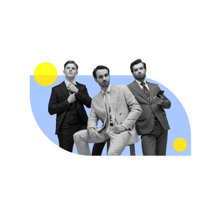 contemporary art collage. Group of businessmen seated casually with strong blue circle framing them. Collaboration and modern professionalism. Concept of contemporary corporate visuals. Copy space.の写真素材