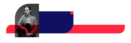 Banner. Contemporary art collage. Woman in business suit seated against bold red and blue abstract shapes. Minimalistic design. Copy space. Concept of branding, lending pages presentation templates.の写真素材