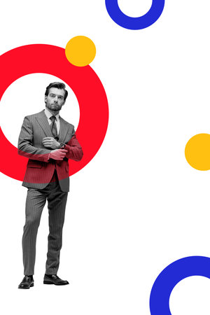 Contemporary art collage. Businessman standing confidently, surrounded by bold red and blue geometric elements. Minimalistic design. Copy space. Concept of branding, lending pages, presentation. Adの写真素材
