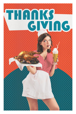 Contemporary art collage. Waitress holding turkey and milkshake in diner setting. Fun blend of...