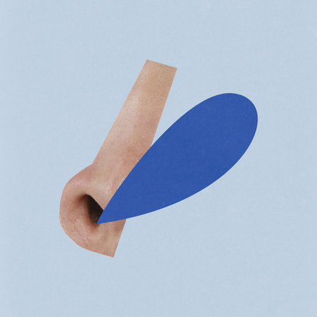 Contemporary art collage. Nose paired with a blue shape, symbolizing fresh air and health. Minimalistic, clean, and abstract. Bold representation of respiratory wellness. Concept of pharmacy, medicineの写真素材