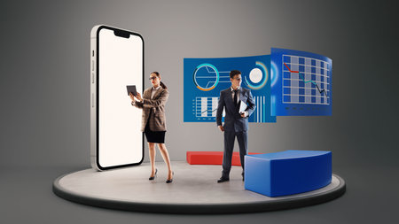 Professionals engage in brainstorming with digital projections in background. Giant smartphone represents the importance of technology in business. 3D rendering. Concept of innovations, digital. Adの写真素材