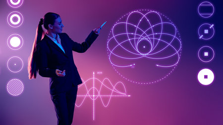 Young woman, in formal suit, presenter discusses graph-based data trends in front of neon lit backdrop. Concept of presentation, training, meeting, leadership, analysis. Copy space for ad.の写真素材