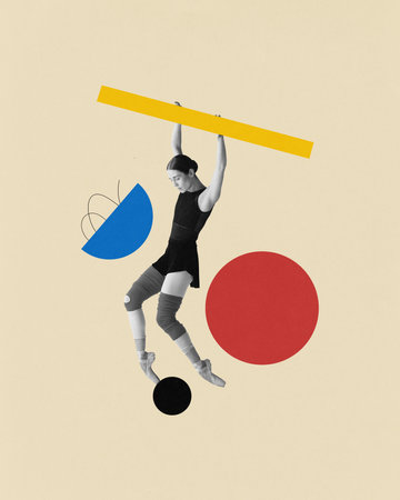 Contemporary art collage. Ballet dancer holds yellow bar above her head while surrounded by geometric shapes on beige background. Concept of music and dance, grace and energy. Minimalistic art style.の写真素材