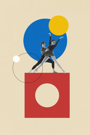 Contemporary art collage. Dancers placed against backdrop of vibrant circles and shapes, perfectly balancing elegance with playful geometry. Concept of music and dance, grace and energy. Ad.の写真素材