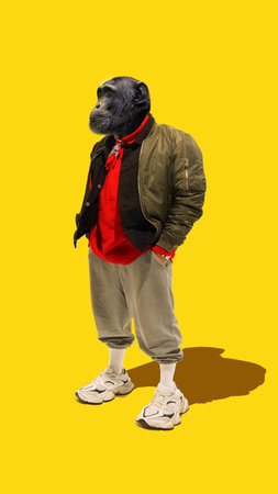 Photocollage. Composite image made of portrait of man and orangutan posing in stylish casual outfit...