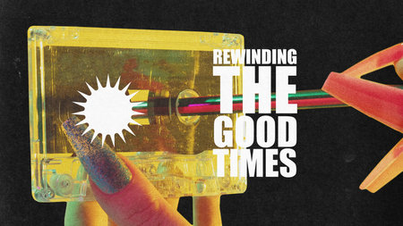 Poster. Contemporary art collage. Rewinding the Good Times. Hand with long nails rewinds vintage...