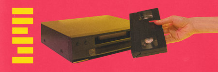 Banner. Rewinding Time. Contemporary art collage. Hand holds video tape in front of vintage VCR...