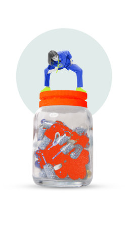 Contemporary art collage. Healthcare professional inspects bottle filled with colorful pills and...
