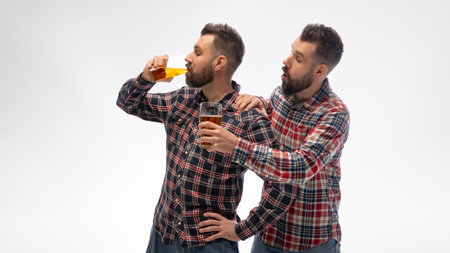 Two identical men in plaid shirts, one drinks beer while other, with surprised expression, proposed...