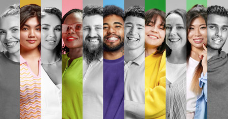 Collage. Vibrant portraits of diverse individuals, with mix of color and monochrome sections, expressing positivity and unity. Concept of beauty and youth, difference, social, diversity, emotions. Adの写真素材