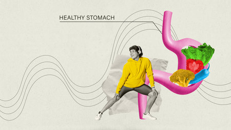 Contemporary art collage. Happy person stretching beside stomach filled with vegetables, symbolizing...