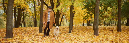 Banner. Elderly man and his retriever explore park, where fallen yellow and orange leaves create, vibrant backdrop. Concept of mature people in modern lifestyle, recreation, retirement time.の写真素材