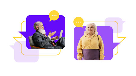 Contemporary art collage. Conversation between two older man and woman, depicted through speech bubbles. Communication in distance. Concept of mature people in modern lifestyle, technology. Adの写真素材