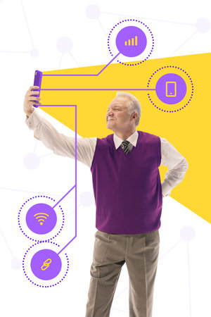 Contemporary art collage. Elderly man taking selfie, illuminated by digital symbols, embracing fun side of modern connectivity. Concept of mature people in modern lifestyle, technology and pensionersの写真素材