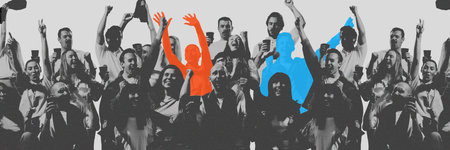Contemporary art collage. Lively crowd, with two people highlighted fans in blue and orange. Diverse personalities united by team pride. Concept of sport events, game, championship, support. Adの写真素材