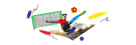 Banner. Contemporary art collage. Focused soccer player diving to save shot, enhanced with vivid color splashes. Concept of sport event, competition, championship. Adの写真素材