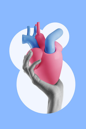 Poster. Contemporary art collage. Hand holding pink and blue 3D heart, symbolizing heart care against blue background with soft white shapes. Concept of cardiovascular, emergency, medicine. Adの写真素材