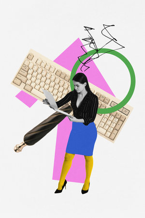 Contemporary art collage. Professional analyzing data on laptop, surrounded by keyboards and abstract elements, symbolizing journalistic. Concept of professional development, achievements, occupation.の写真素材