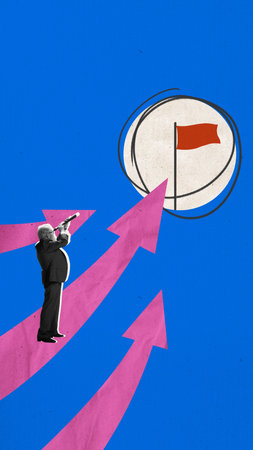 Contemporary art collage. Man with telescope observes distant dot marked with red flag, symbolizing vision and striving toward goals. Concept of vision, achievement, direction, focus.の写真素材