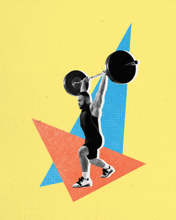 Contemporary art collage. Weightlifter performing clean and jerk, displaying strength and fitness, with geometric shapes in yellow, orange, and blue as backdrop. Concept of strength.の写真素材