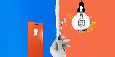 Contemporary art collage. Hand holding key alongside lightbulb, emphasizing power of ideas and solutions on split blue and orange background. Concept of innovation, solution, creativityの写真素材