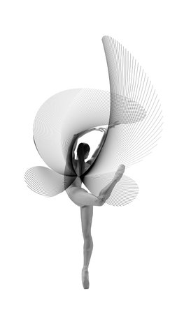 Cotemporary art collage. Ballerina in flowing dress, highlighted by smooth, abstract wave designs, emphasizing elegance and motion. Concept of ballet, sport, balance, modern art. Adの写真素材