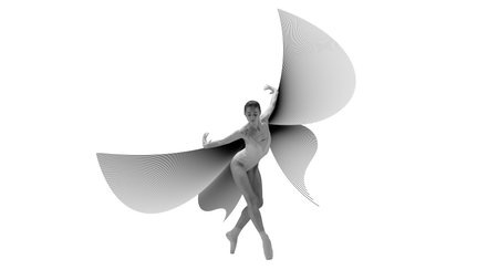 Contemporary art collage. Dancer captured mid-leap, surrounded by geometric wing-like designs, symbolizing freedom and artistic expression. Concept of ballet, sport, modern art.の写真素材