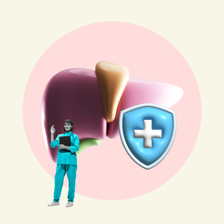 Contemporary art collage. 3D rendering liver with health icons, focusing on wellness, medical...