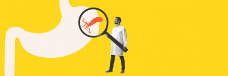 Banner. Contemporary art collage. Doctor examining conceptual stomach with magnifier, highlighting...