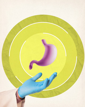 Contemporary art collage. Hand wearing gloves holding healthy 3D stomach illustration, symbolizing care and digestion. Concept of health care, human organism, medicine, ambulanceの写真素材