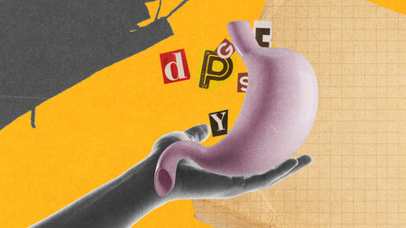 Contemporary art collage. Hand presenting 3D stomach filled with letters, symbolizing digestive health and communication. Stress. Concept of health care, human organism, medicine, ambulanceの写真素材