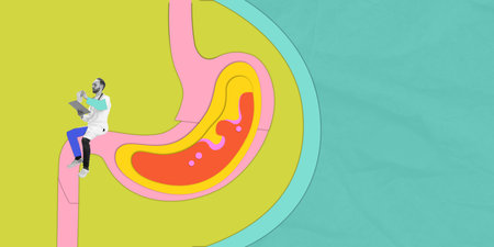 Contemporary art collage. Doctor observing digestive fluids in stomach diagram, symbolizing medical research and care. Concept of health care, human organism, medicine, ambulanceの写真素材