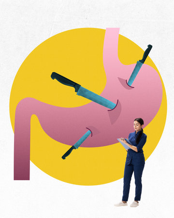 Contemporary art collage. Stomach with knives stabbed into it, observed by doctor, symbolizing pain...