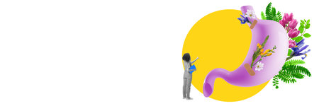 Contemporary art collage. Doctor explaining digestive process in colorful 3D stomach illustration, symbolizing healthcare education. Concept of health care, human organism, medicine, ambulanceの写真素材