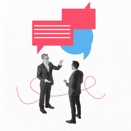 Contemporary art collage. Two businessmen engaged in conversation with colorful speech bubbles,...
