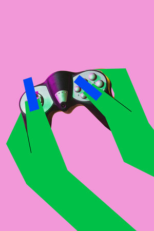 Contemporary art collage. Drawn, vibrant hands holding vintage video game controller, reminiscent of...