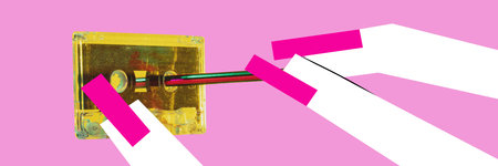 Banner. Contemporary art collage. vibrant and nostalgic image featuring vintage cassette tape,...