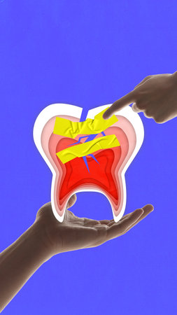 Contemporary art collage. Cracked tooth with yellow tape and hands pointing at it, symbolizing dental problems and repair. against blue background. Concept of dental health, clinic, treatment. Ad.の写真素材