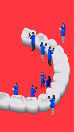 Contemporary art collage. Dental professionals standing around 3D model of teeth, inspecting and analyzing. Dental care and health research. Concept of dental health, clinic, treatment. Ad.の写真素材