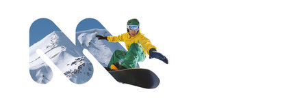 Banner. Contemporary art collage. Snowboarder dressed in yellow jacket and green pants performs aerial trick on snowy mountain slope. Concept of extreme winter sports, activity, recreation. Adの写真素材