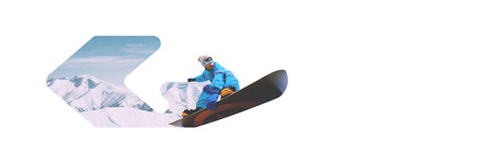 Banner. Contemporary art collage. Snowboarder wearing vibrant blue suit performs dynamic carve on snowy mountain backdrop. Concept of extreme winter sports, activity, recreation. Adの写真素材