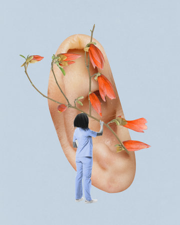 Contemporary art collage. Nurse tends to large ear adorned with vibrant flowers, blending nature...
