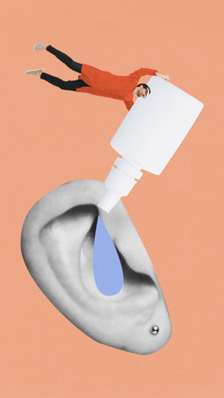 Contemporary art collage. Man pours liquid into large ear using bottle, symbolizing ear treatments...
