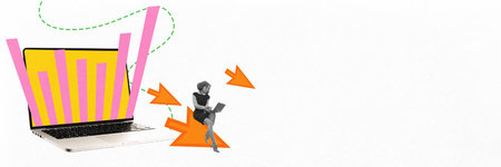 Contemporary art collage. Woman sitting next to laptop with pink bar graphs emerging from screen, surrounded by orange arrows representing data flow and analytics. Concept of social media marketing.の写真素材