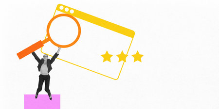 Contemporary art collage. Woman holding giant magnifying glass over browser icon, symbolizing importance of search engine optimization, with yellow stars. Concept of social media marketing, Internet.の写真素材