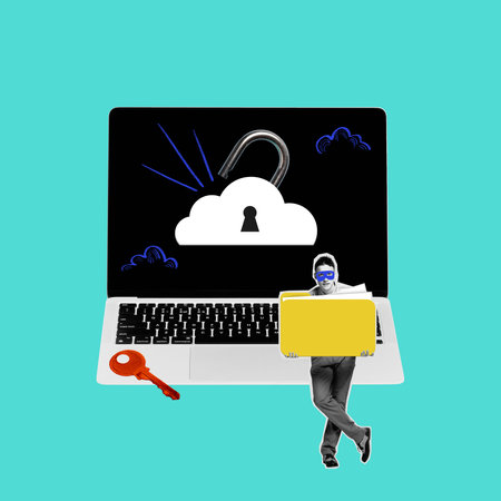 Contemporary art collage. Person holding folder stands in front of laptop with cloud and open...