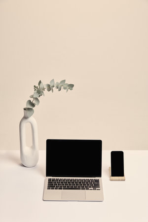 Laptop, phone in wooden stand, and white vase with eucalyptus branch. Neutral tones for modern branding, marketing, or promotional projects. Concept of business, marketing, aesthetic, promoting.の写真素材